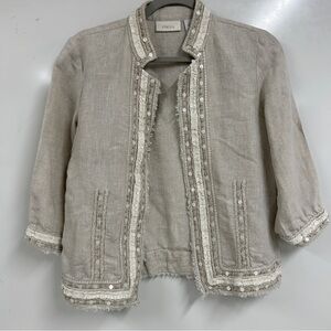 0499 Chico’s Size 0 Linen Blend Jacket Neutral Boho Chic Embellished Trim